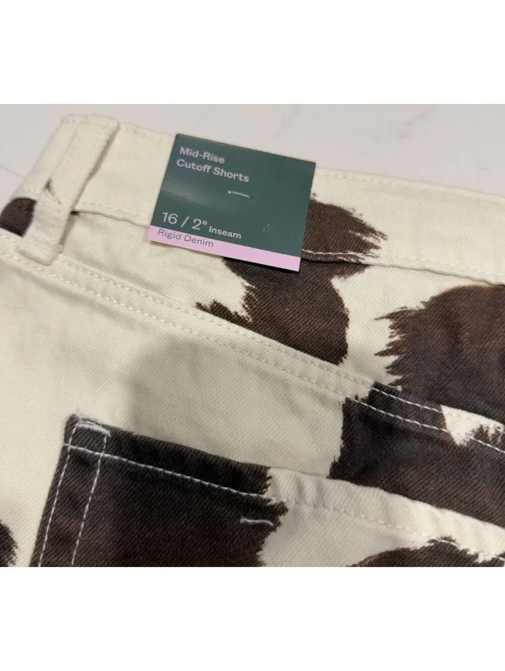 Wild Fable Brown Cream Cow Print Rigid Frayed Raw Denim Cutoff Shorts Size 16